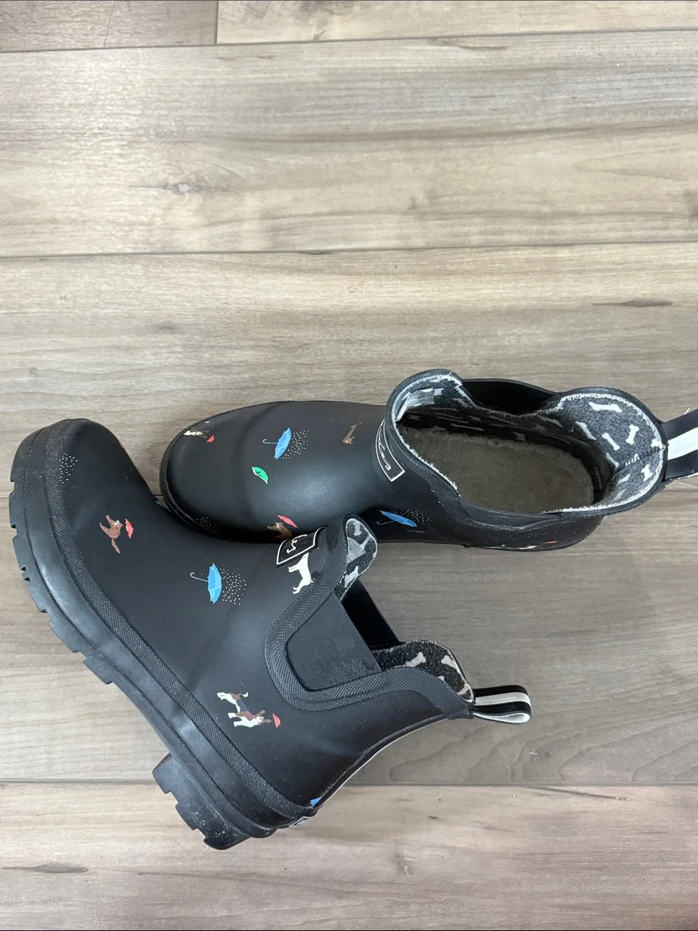 Joules Wellibob Black Women’s Ankle Rain Boots with Umbrella & Dog Print Size 9